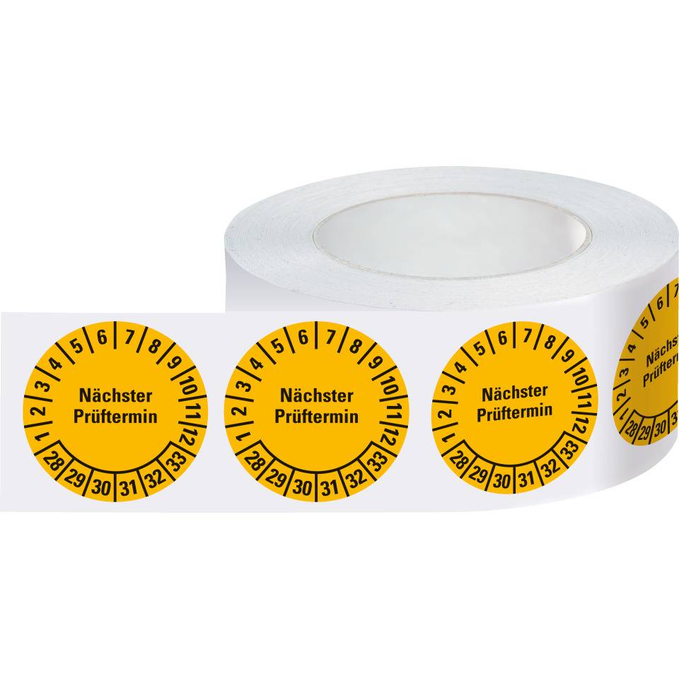 Prüfplakette Nächster Prüftermin, 28-33, gelb, Folie, ablösbar, Ø 25mm, 500/Rolle