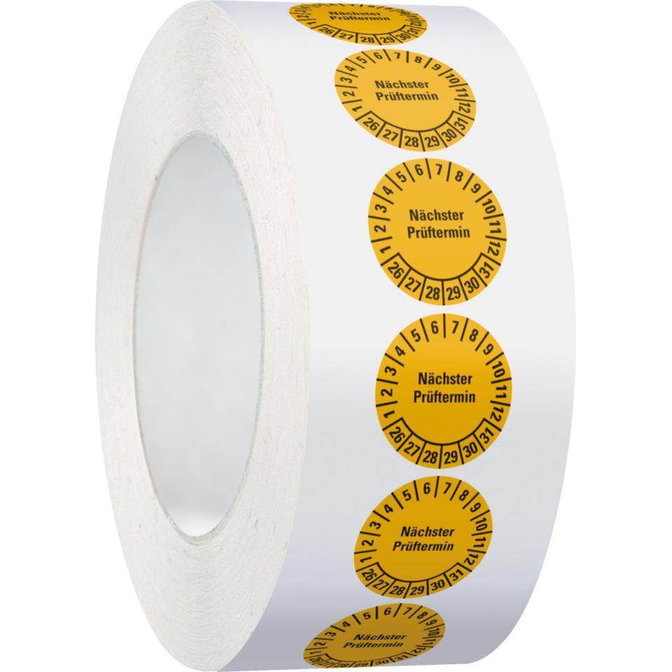 Prüfplakette Nächster Prüftermin 26-31, gelb, Dokumentenfolie, Ø 20mm, 500/Rolle