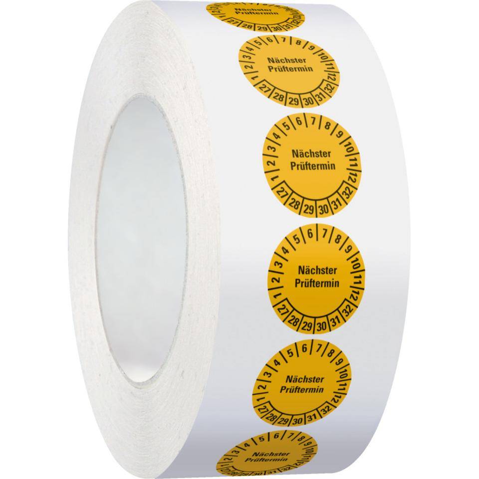 Prüfplakette Nächster Prüftermin 27-32, gelb, Dokumentenfolie, Ø20mm, 500/Rolle