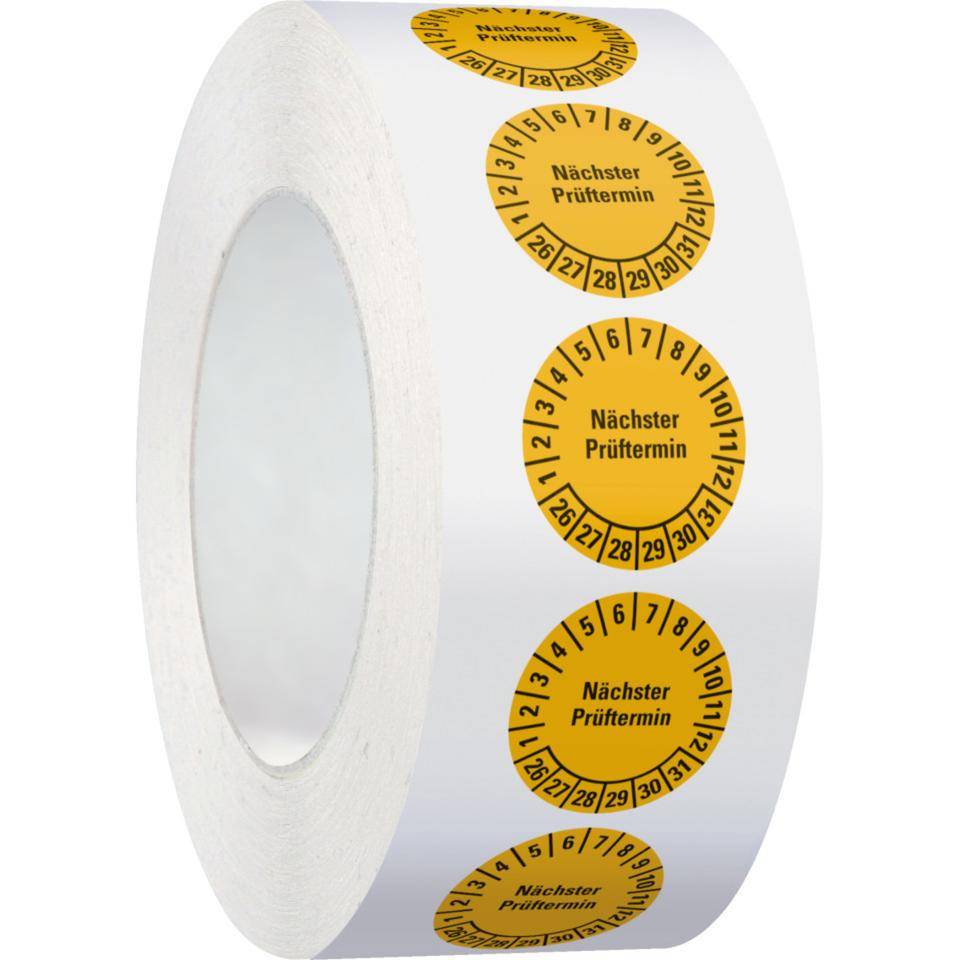 Prüfplakette Nächster Prüftermin 26-31, gelb, Dokumentenfolie, Ø 25mm, 500/Rolle