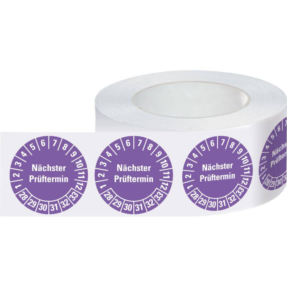 Prüfplakette Nächster Prüftermin, 28-33, violett, Dokumentenfolie, Ø 20mm, 500/Rolle