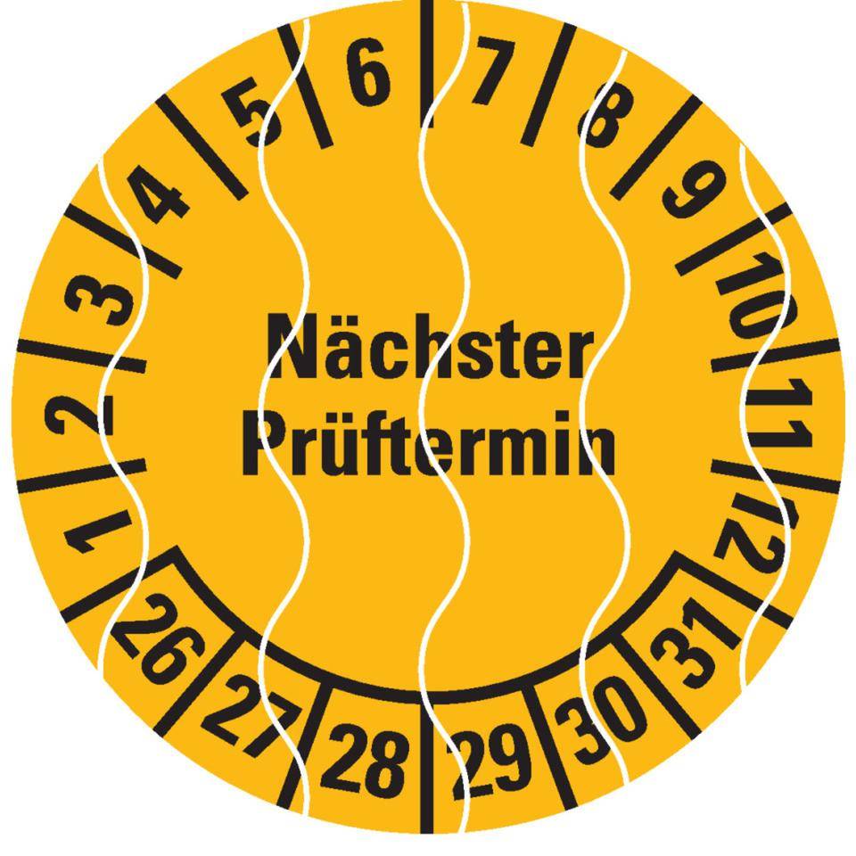 Prüfplakette Nächster Prüftermin 26-31, gelb, Sicherheitsfolie, Ø 30mm, 18/Bogen