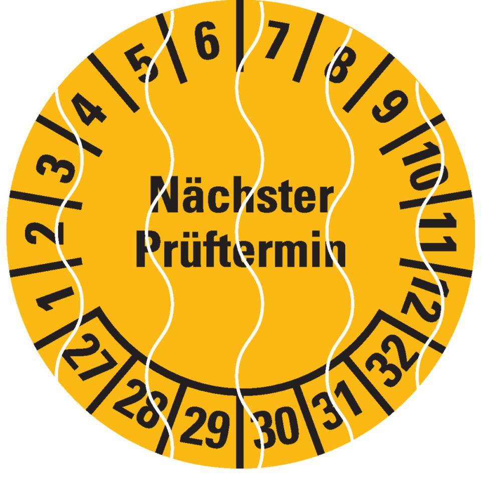 Prüfplakette Nächster Prüftermin 27-32, gelb, Sicherheitsfolie, Ø 20mm, 36/Bogen