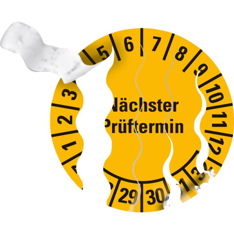 Prüfplakette Nächster Prüftermin 27-32, gelb, Sicherheitsfolie, Ø 30mm, 18/Bogen