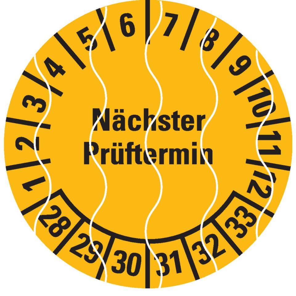 Prüfplakette Nächster Prüftermin 28-33, gelb, Sicherheitsfolie, Ø 30mm, 18/Bogen
