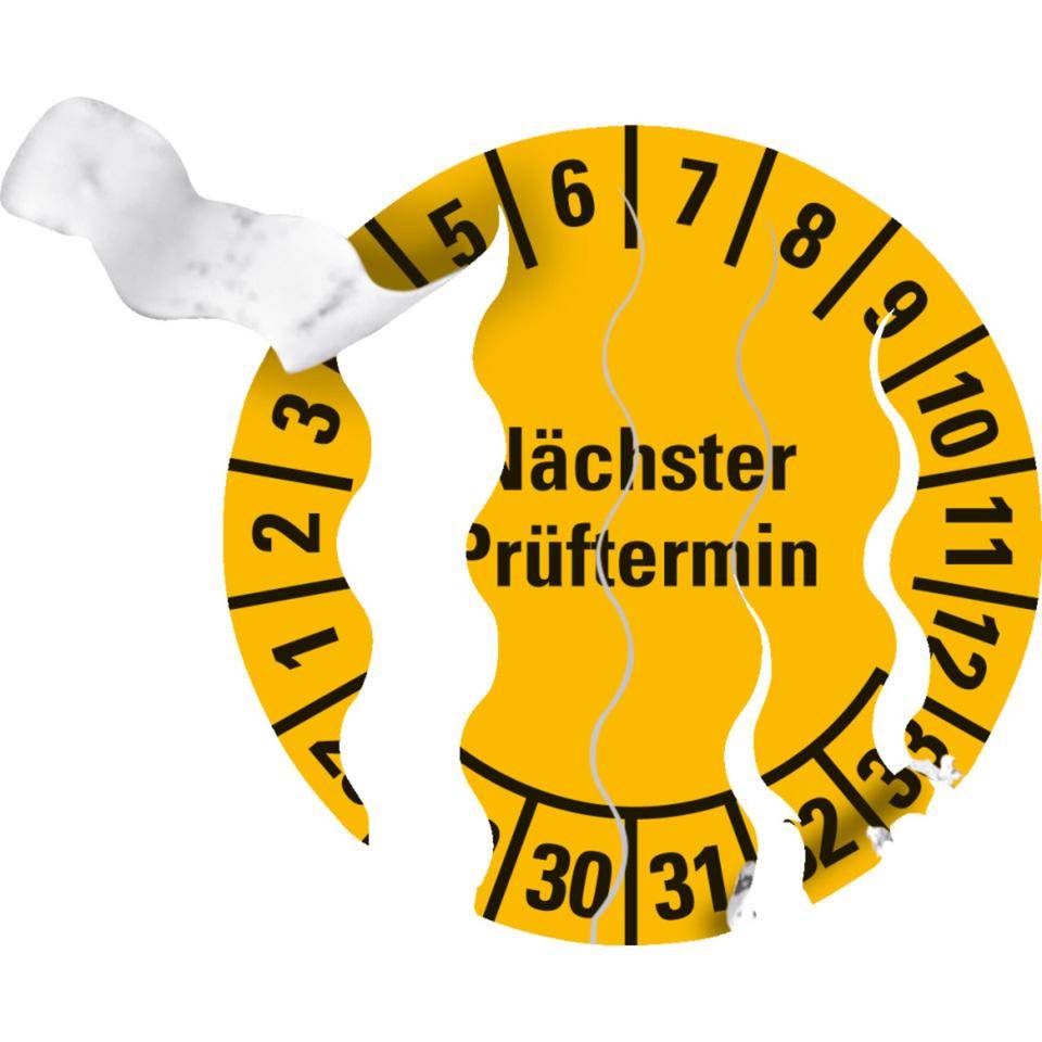 Prüfplakette Nächster Prüftermin 28-33, gelb, Sicherheitsfolie, Ø 30mm, 18/Bogen