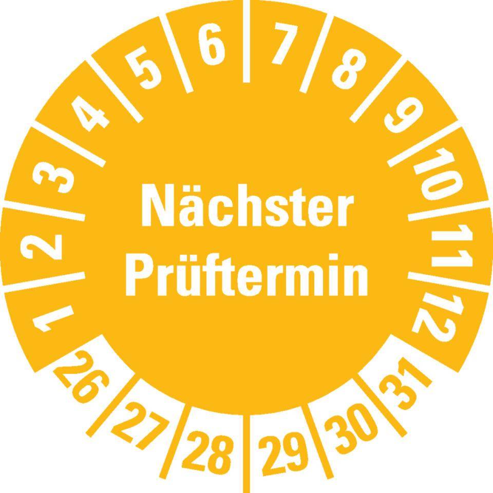 Prüfplakette Nächster Prüftermin 26-31, gelb/weiß, Schachbrettfolie, Ø 30mm, 18/Bogen