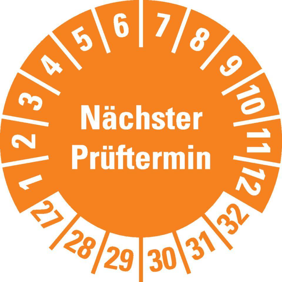 Prüfplakette Nächster Prüftermin 27-32, orange, Schachbrettfolie, Ø 30mm, 18/Bogen