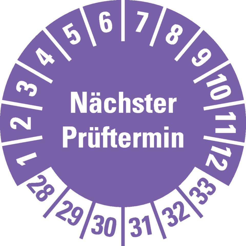 Prüfplakette Nächster Prüftermin 28-33, violett, Schachbrettfolie, Ø 30mm, 18/Bogen