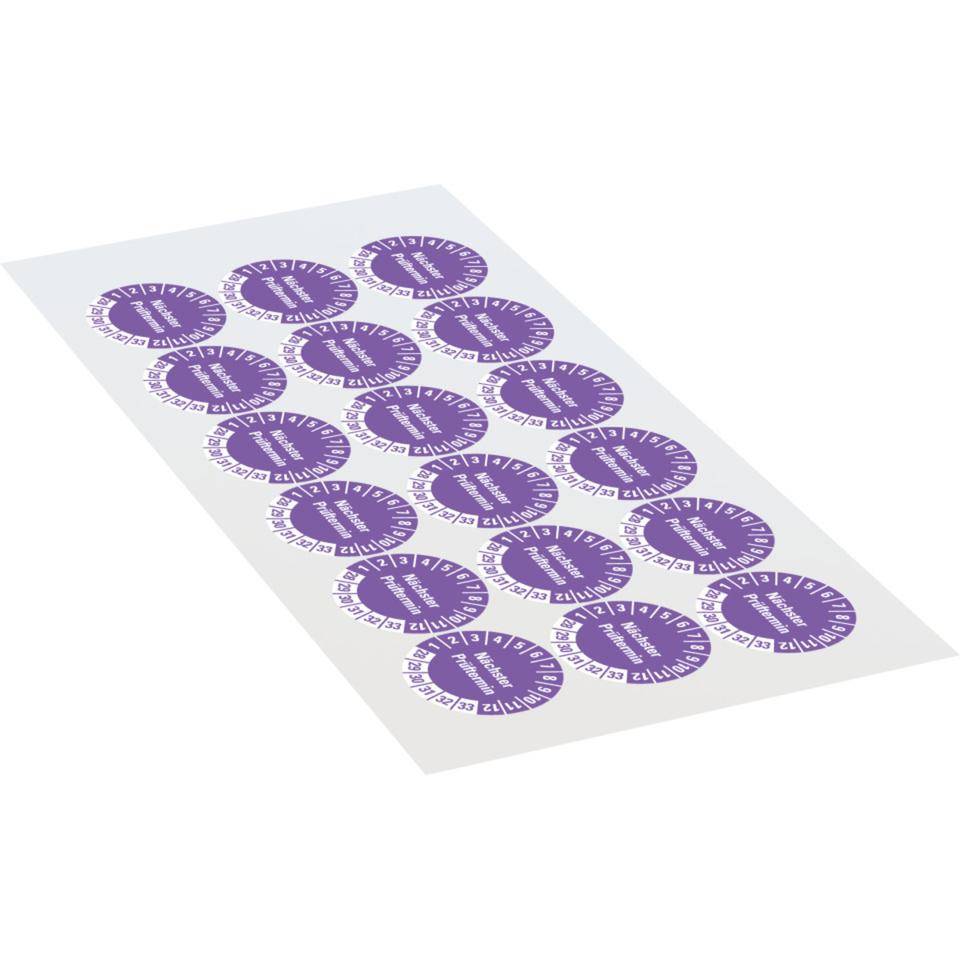 Prüfplakette Nächster Prüftermin 28-33, violett, Schachbrettfolie, Ø 30mm, 18/Bogen
