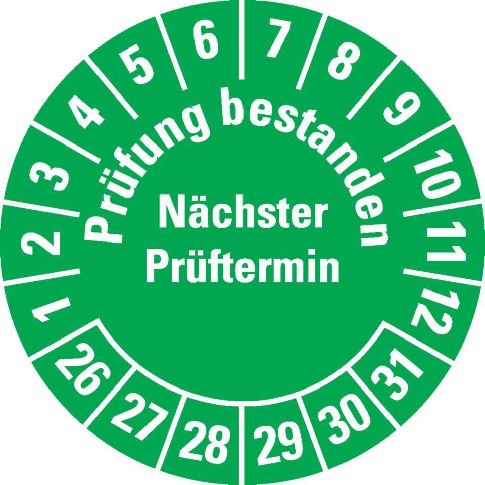 Prüfplakette Prüfung bestanden Nächster Prüftermin 26-31, grün, Dokumentenfolie, Ø 30mm, 108/Heft