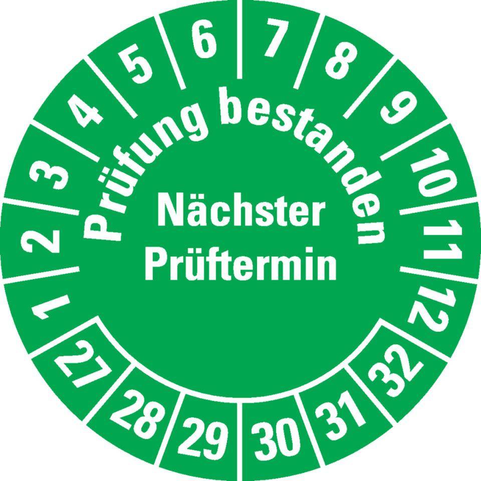 Prüfplakette Prüfung bestanden Nächster Prüftermin, 27-32, grün,Dokumentenfolie, Ø30mm, 500/Rolle