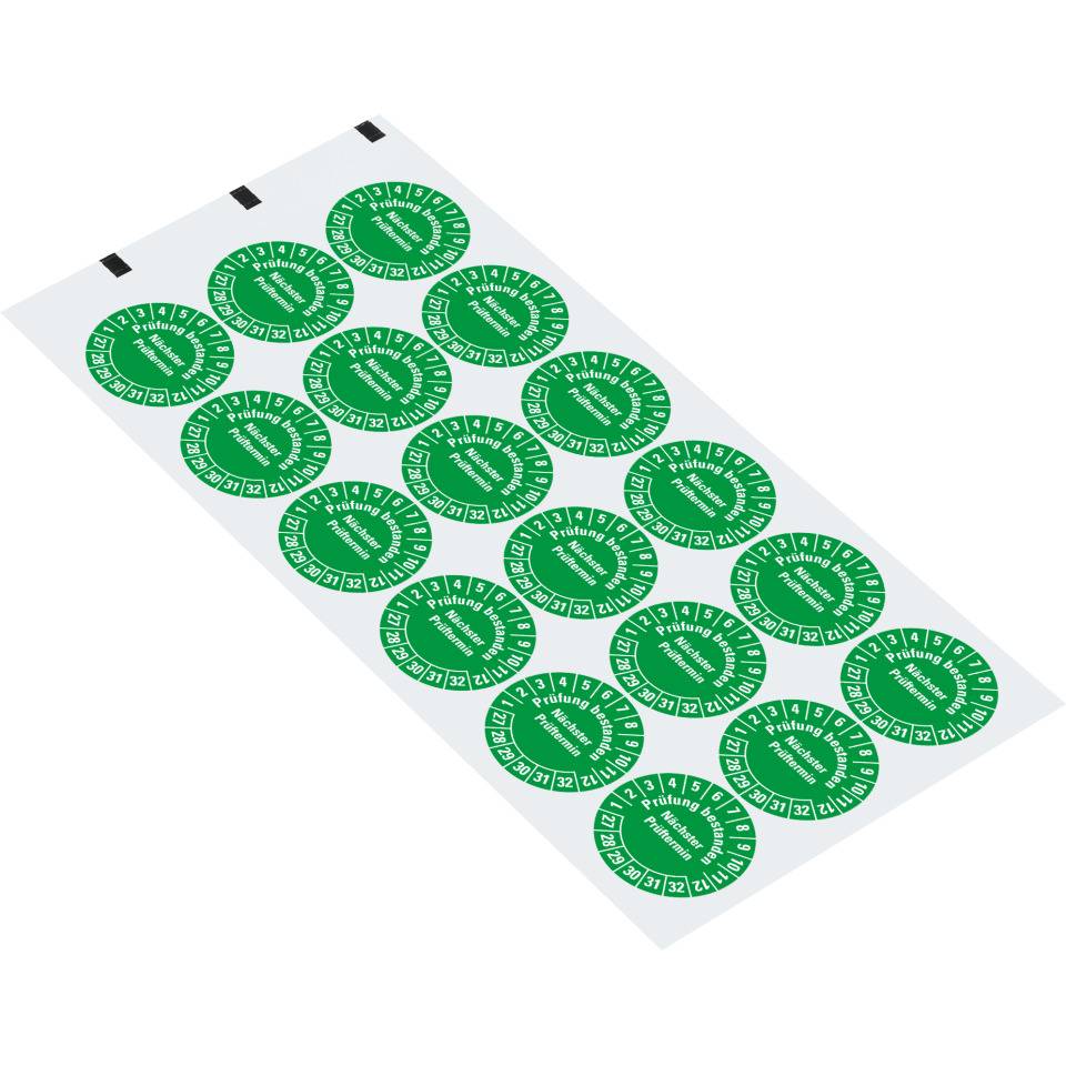 Prüfplakette Prüfung bestanden Nächster Prüftermin, 27-32, grün, Dokumentenfolie, Ø 30mm, 18/Bogen