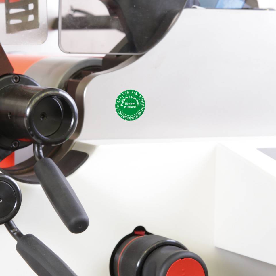Prüfplakette Prüfung bestanden Nächster Prüftermin, 27-32, grün, Dokumentenfolie, Ø 30mm, 18/Bogen