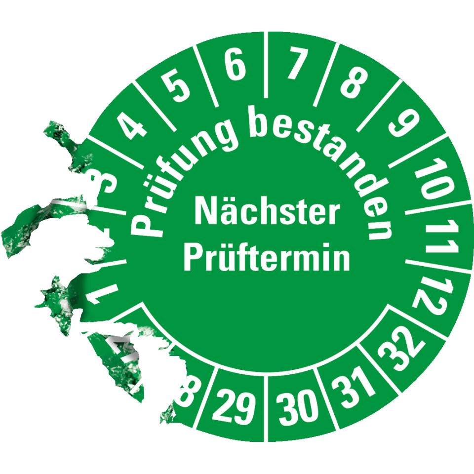 Prüfplakette Prüfung bestanden Nächster Prüftermin, 27-32, grün, Dokumentenfolie, Ø 30mm, 18/Bogen