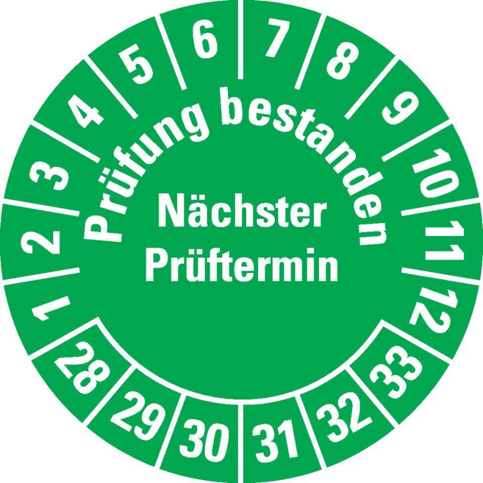 Prüfplakette Prüfung bestanden Nächster Prüftermin 28-33, grün, Dokumentenfolie, Ø30mm, 500/Rolle