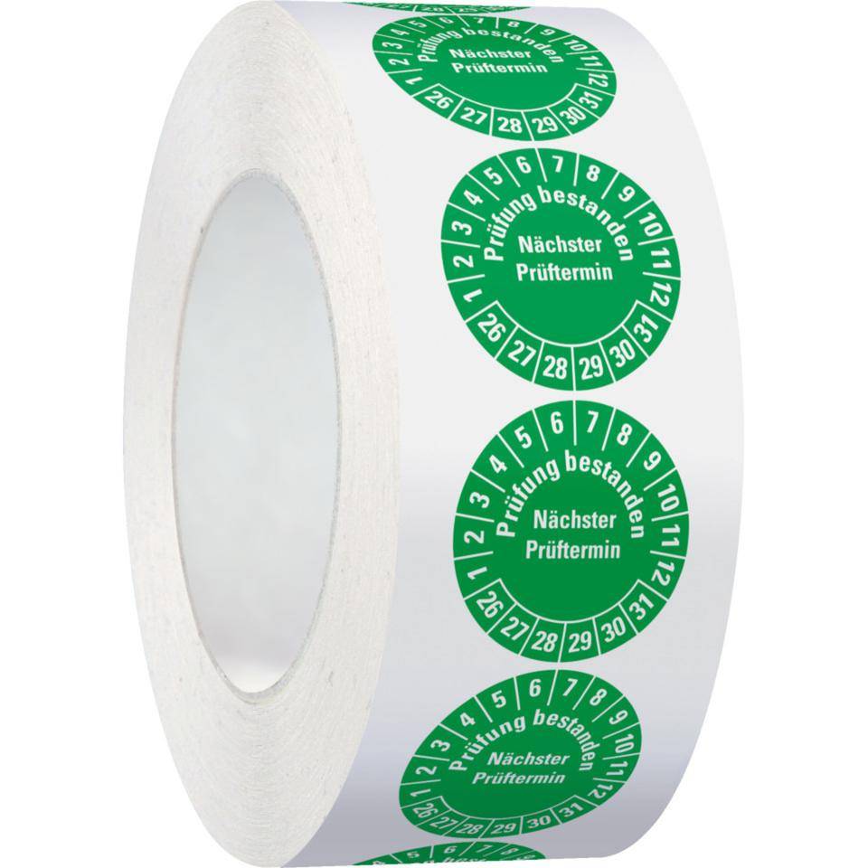 Prüfplakette Prüfung bestanden Nächster Prüftermin 26-31, grün, Dokumentenfolie, Ø30mm, 500/Rolle
