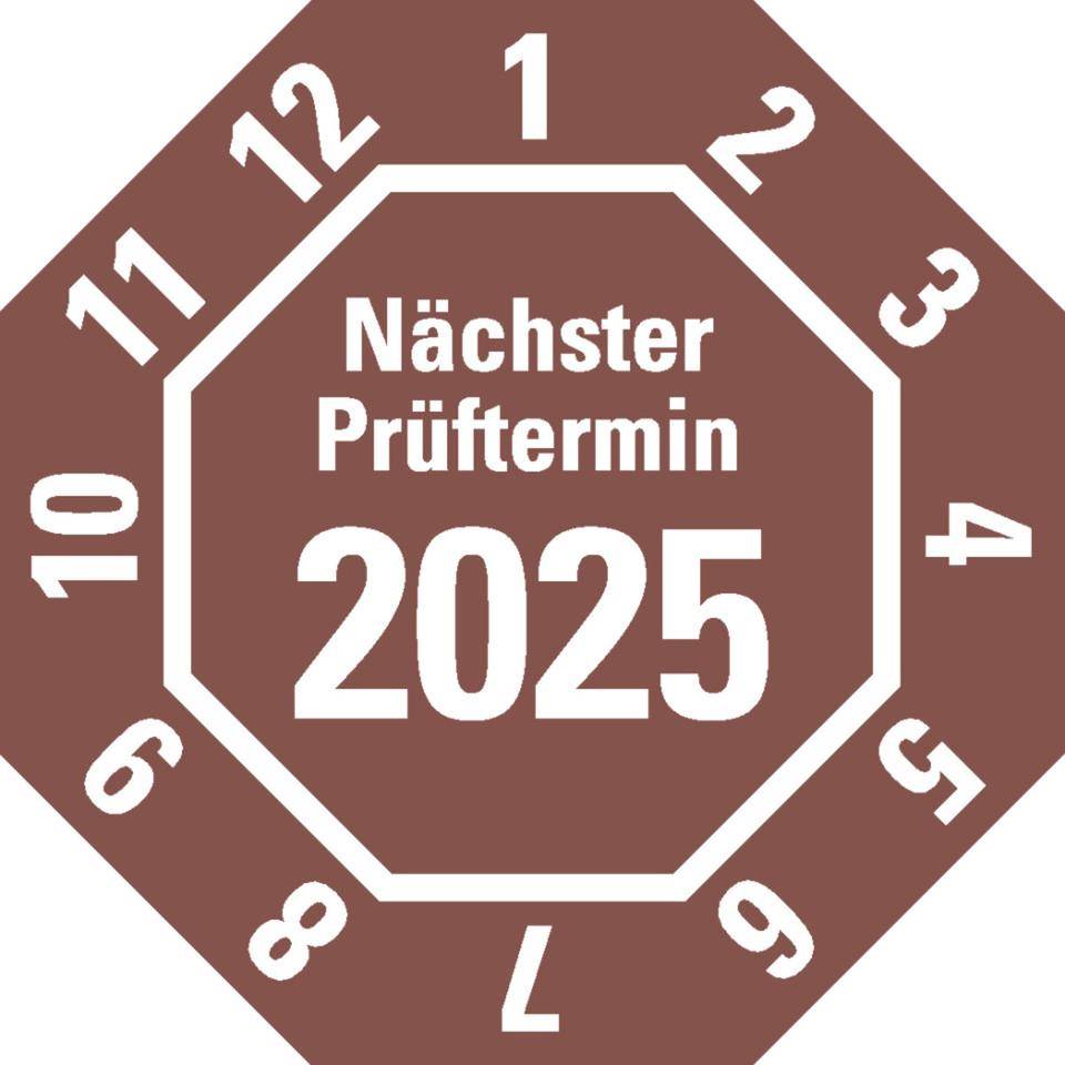 Prüfplakette Nächster Prüftermin 2025,8-eckig,braun,Dokumentenfolie,30x30mm,18/Bogen