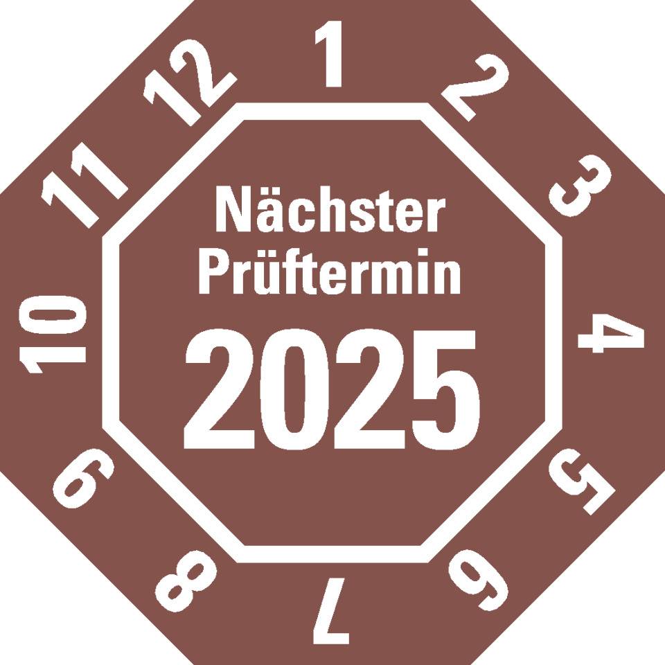 Prüfplakette Nächster Prüftermin 2025,8-eckig,braun,Dokumentenfolie,30x30mm,18/Bogen