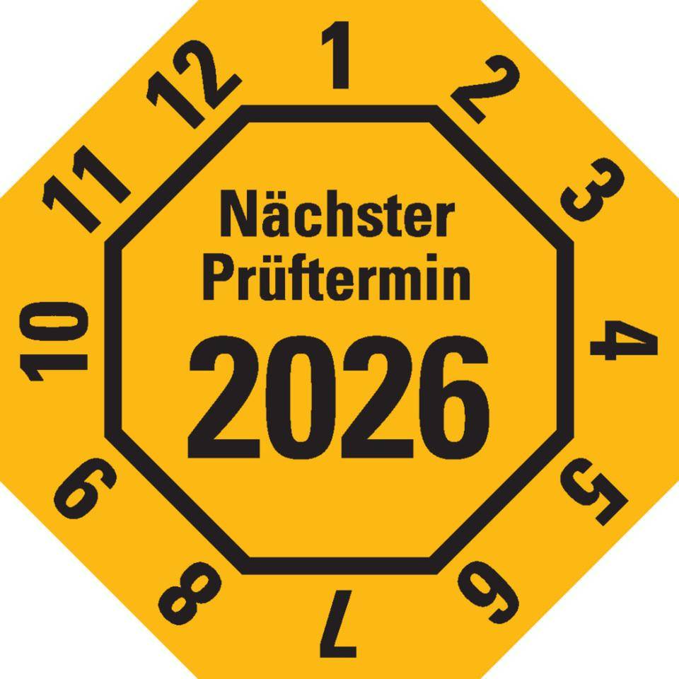 Prüfplakette Nächster Prüftermin 2026, 8-eckig, gelb, Dokumentenfolie, 30x30mm, 18/Bogen