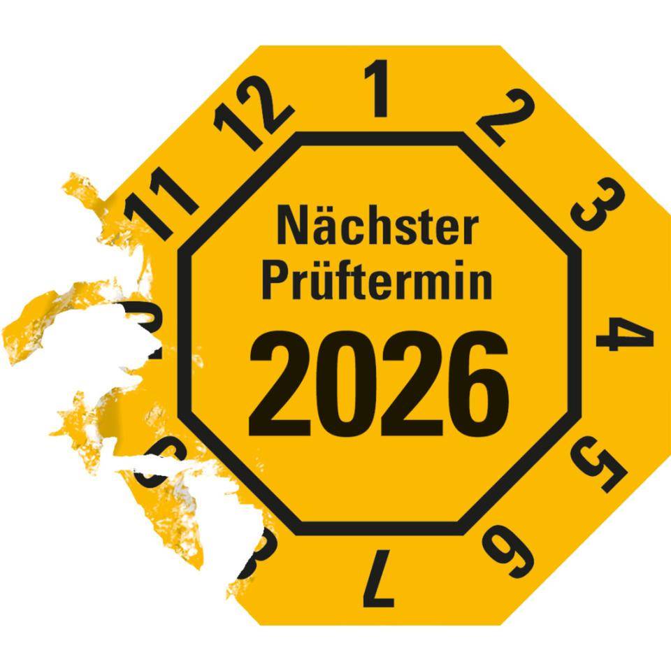 Prüfplakette Nächster Prüftermin 2026, 8-eckig, gelb, Dokumentenfolie, 30x30mm, 18/Bogen
