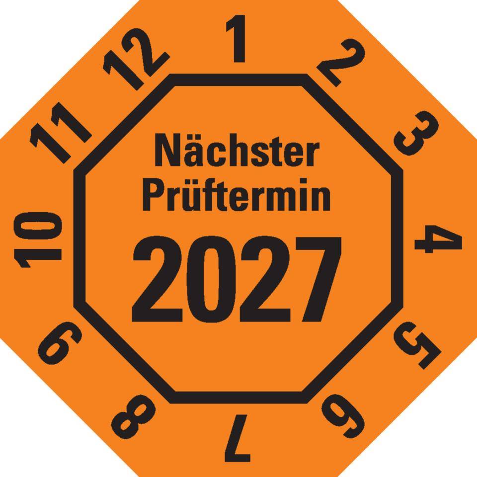 Prüfplakette Nächster Prüftermin 2027, 8-eckig, orange, Dokumentenfolie, 30x30mm, 18/Bogen
