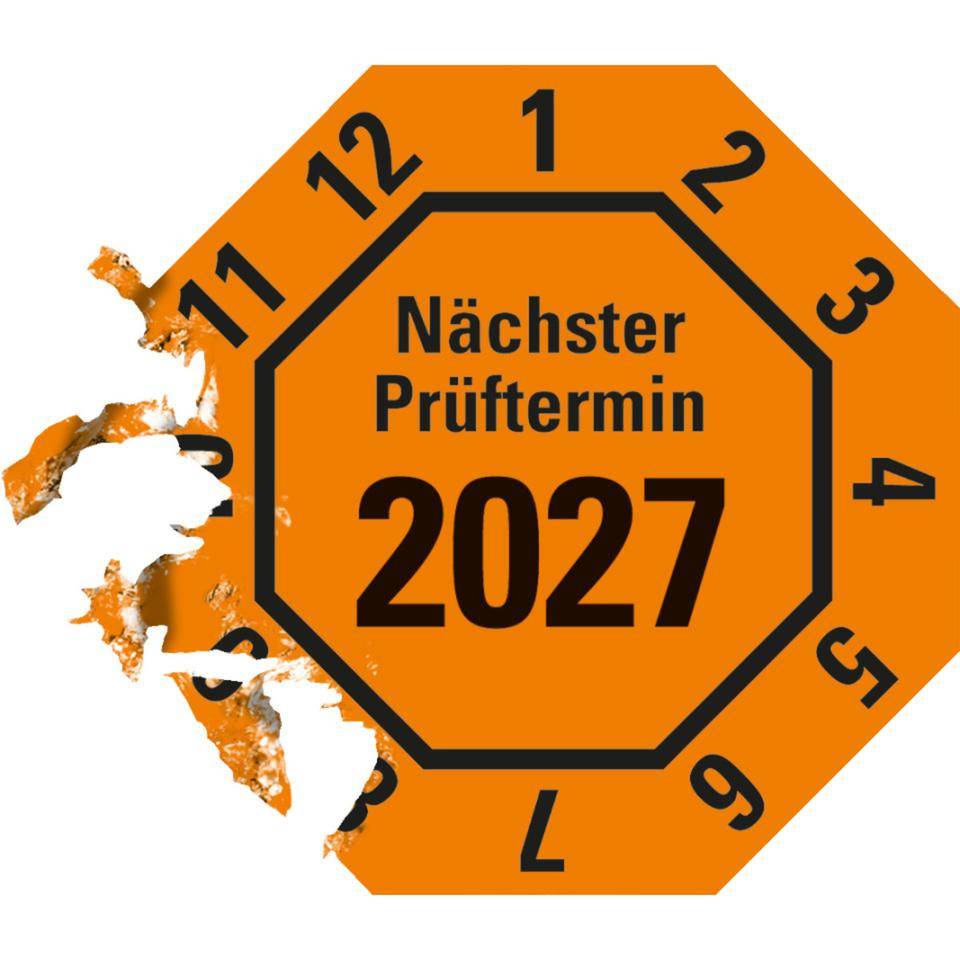 Prüfplakette Nächster Prüftermin 2027, 8-eckig, orange, Dokumentenfolie, 30x30mm, 18/Bogen