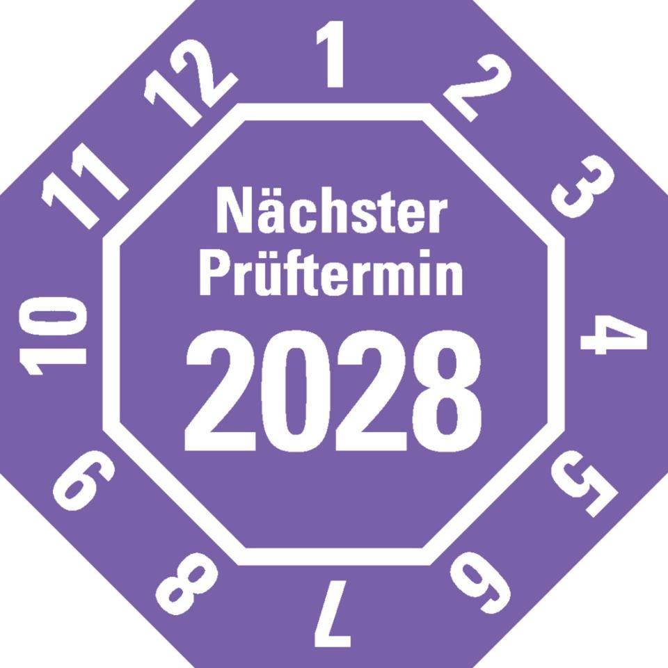 Prüfplakette Nächster Prüftermin 2028, 8-eckig, violett, Dokumentenfolie, 30x30mm, 18/Bogen