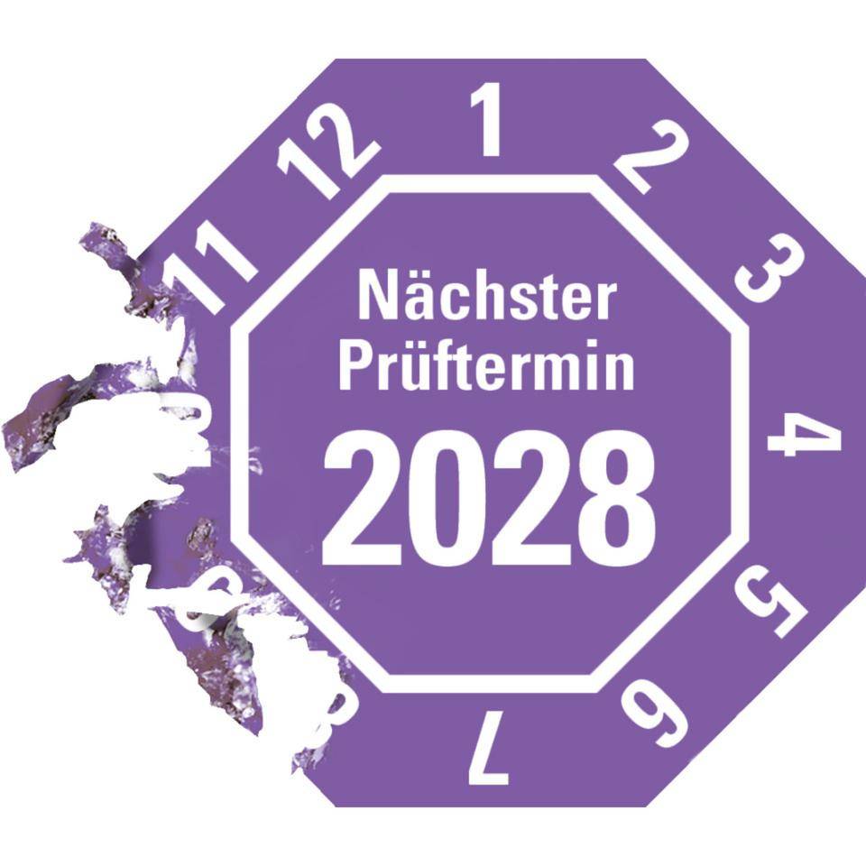 Prüfplakette Nächster Prüftermin 2028, 8-eckig, violett, Dokumentenfolie, 30x30mm, 18/Bogen