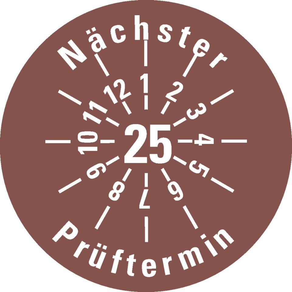 Prüfplakette Nächster Prüftermin 25, braun, Dokumentenfolie, Ø 30mm, 18/Bogen