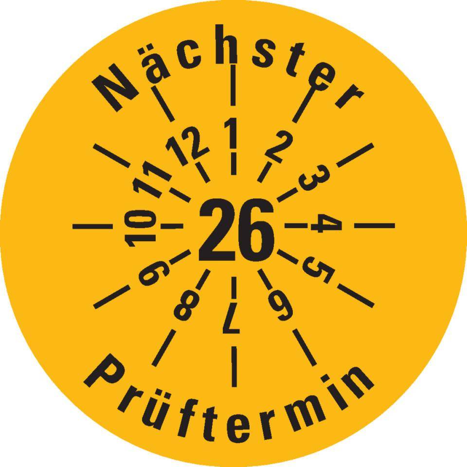 Prüfplakette Nächster Prüftermin 26, gelb, Dokumentenfolie, Ø 30mm, 18/Bogen