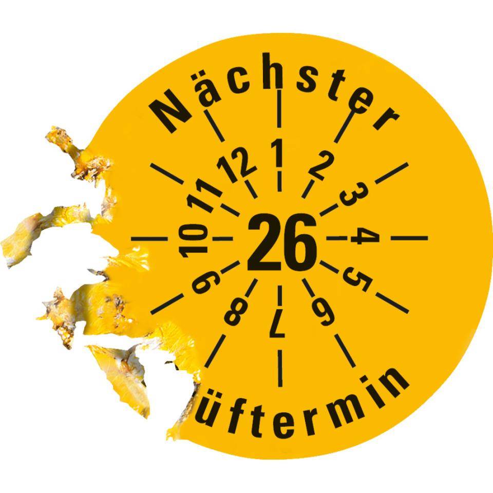 Prüfplakette Nächster Prüftermin 26, gelb, Dokumentenfolie, Ø 30mm, 18/Bogen