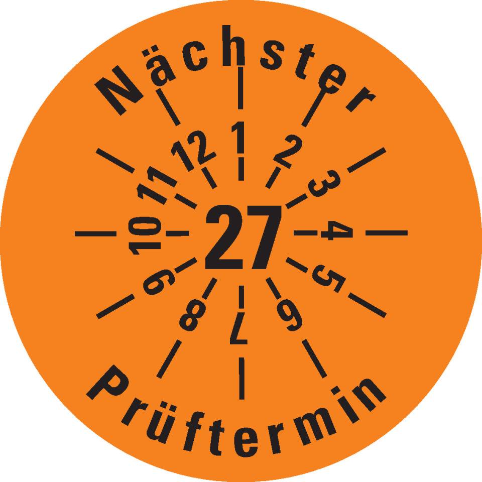 Prüfplakette Nächster Prüftermin 27, orange, Dokumentenfolie, Ø 30mm, 18/Bogen