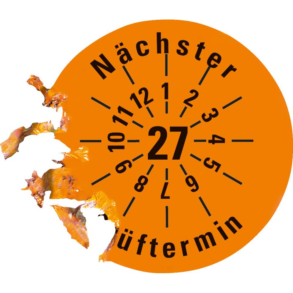 Prüfplakette Nächster Prüftermin 27, orange, Dokumentenfolie, Ø 30mm, 18/Bogen