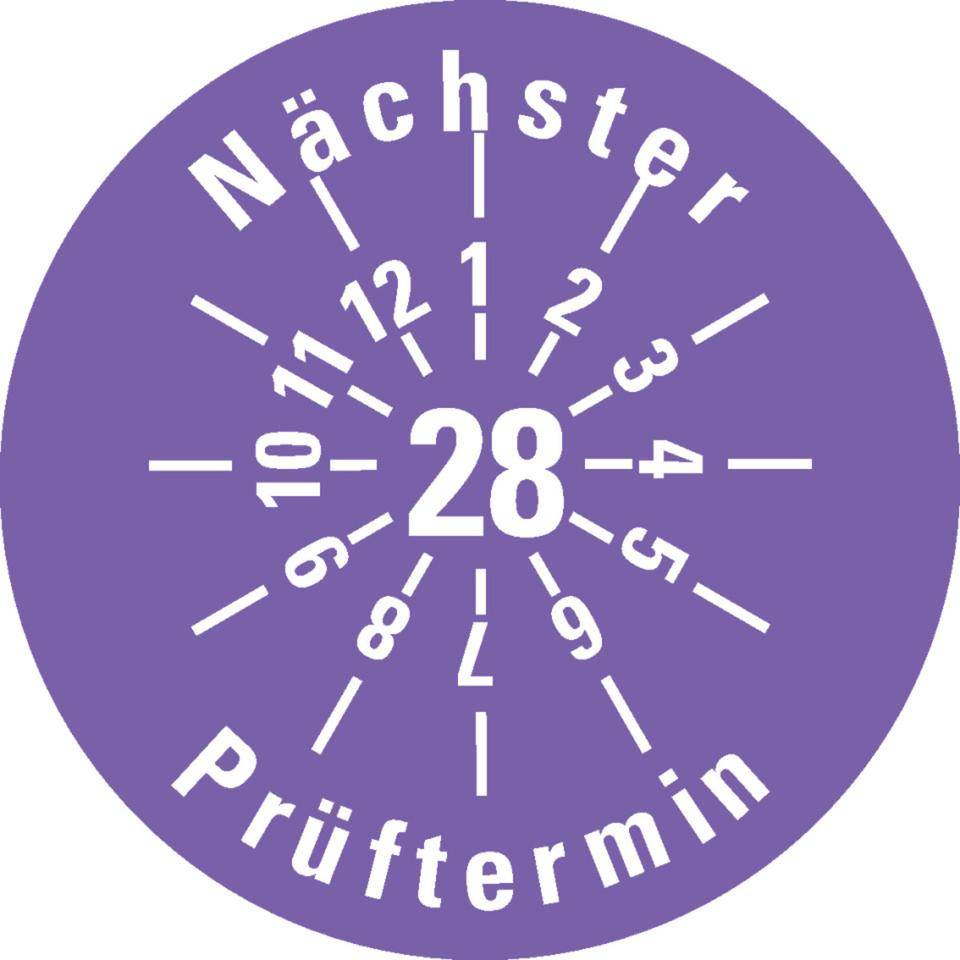 Prüfplakette Nächster Prüftermin 28, violett, Dokumentenfolie, Ø30mm, 18/Bogen