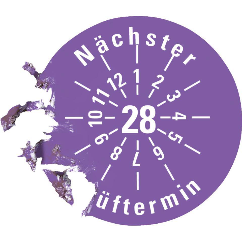 Prüfplakette Nächster Prüftermin 28, violett, Dokumentenfolie, Ø30mm, 18/Bogen