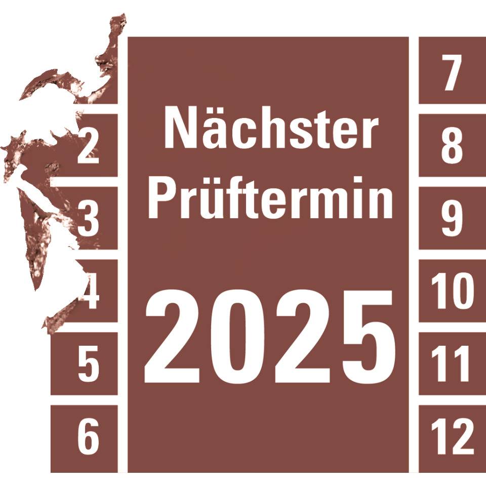 Prüfplakette Nächster Prüftermin 2025,braun,Dokumentenfolie,30x30mm,18/Bogen