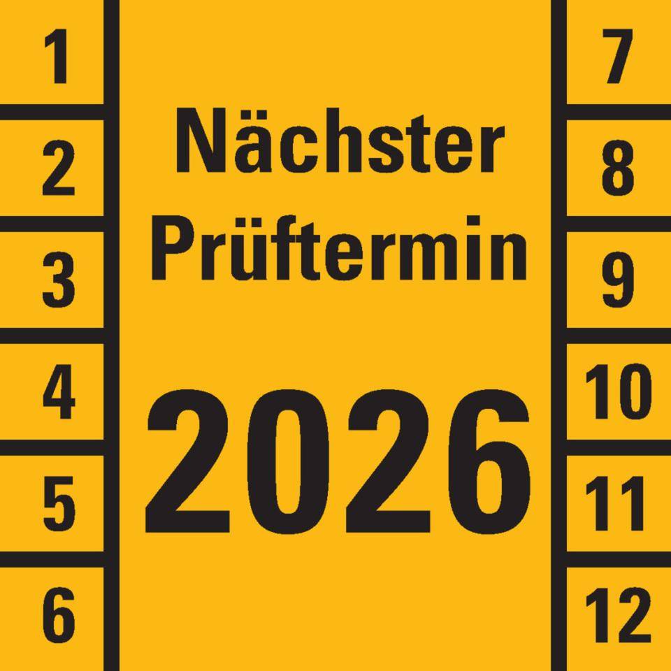 Prüfplakette Nächster Prüftermin 2026,gelb,Dokumentenfolie,30x30mm,18/Bogen