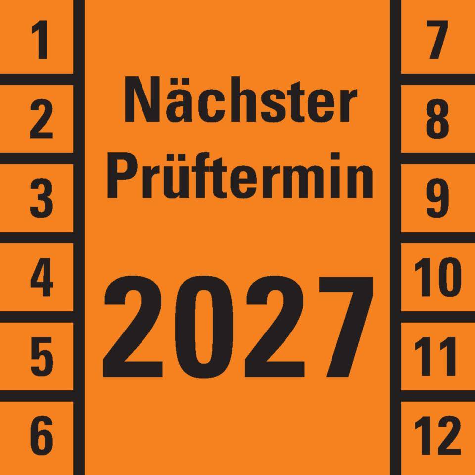 Prüfplakette Nächster Prüftermin 2027, orange, Dokumentenfolie, 30x30mm, 18/Bogen