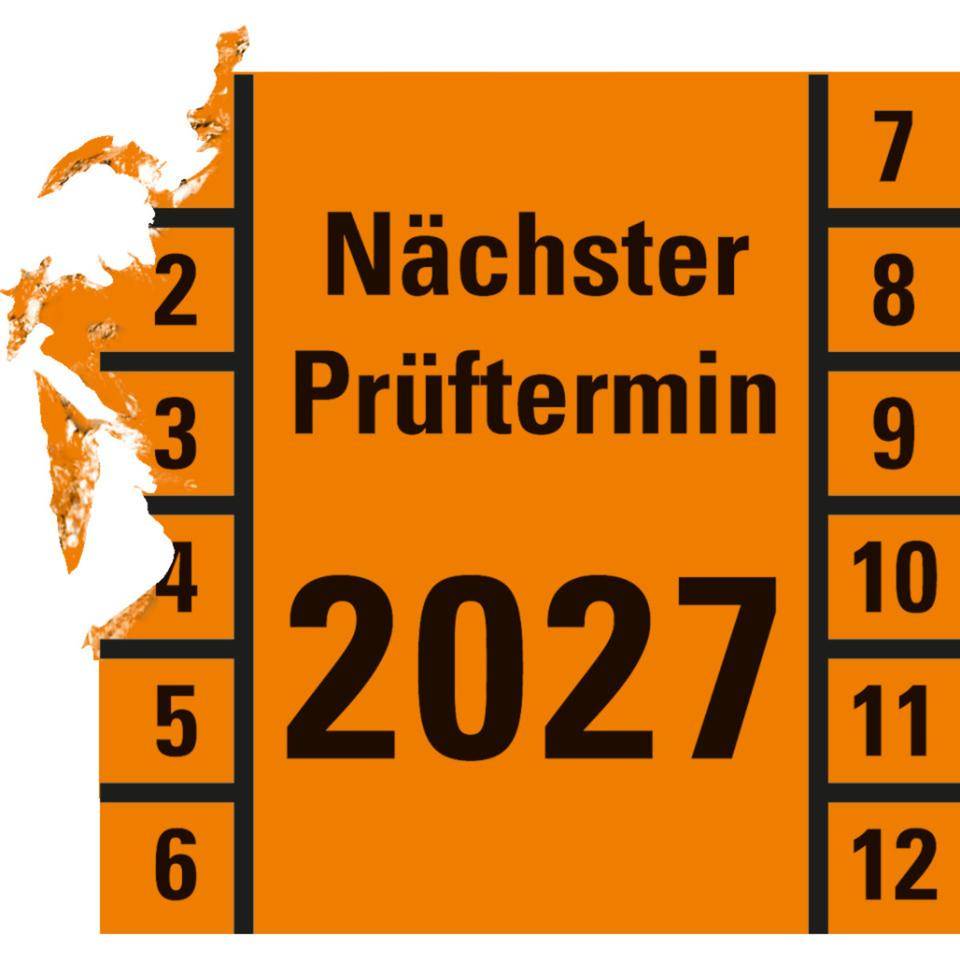 Prüfplakette Nächster Prüftermin 2027, orange, Dokumentenfolie, 30x30mm, 18/Bogen