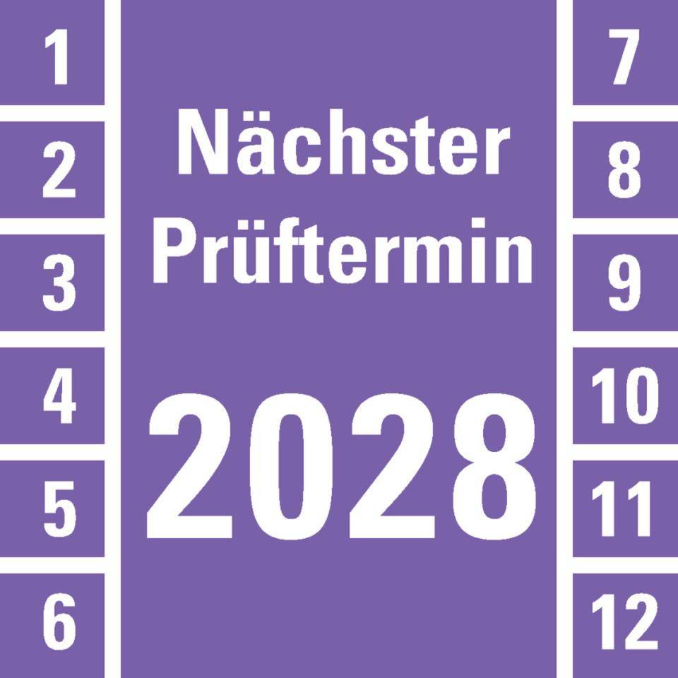 Prüfplakette Nächster Prüftermin 2028, violett, Dokumentenfolie,30x30mm, 18/Bogen