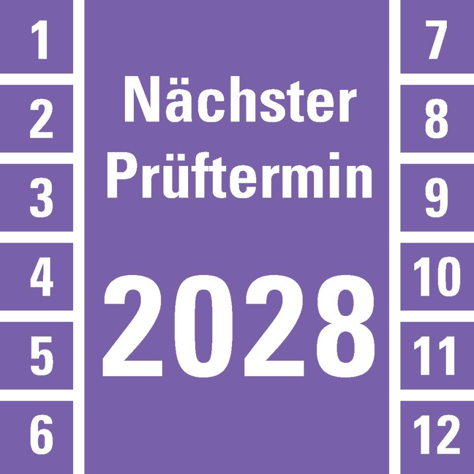 Prüfplakette Nächster Prüftermin 2028, violett, Dokumentenfolie, 30x30mm, 18/Bogen
