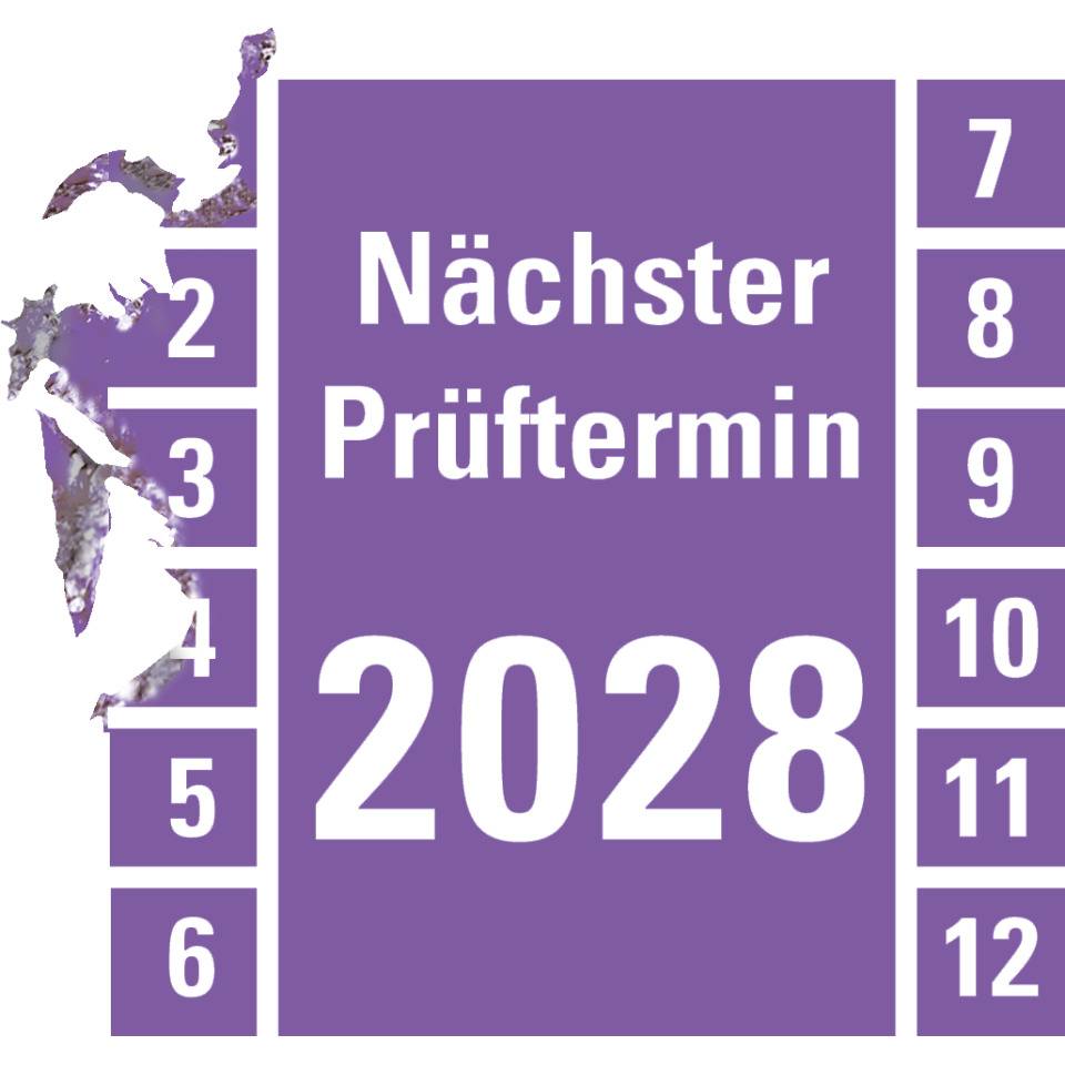 Prüfplakette Nächster Prüftermin 2028, violett, Dokumentenfolie, 30x30mm, 18/Bogen