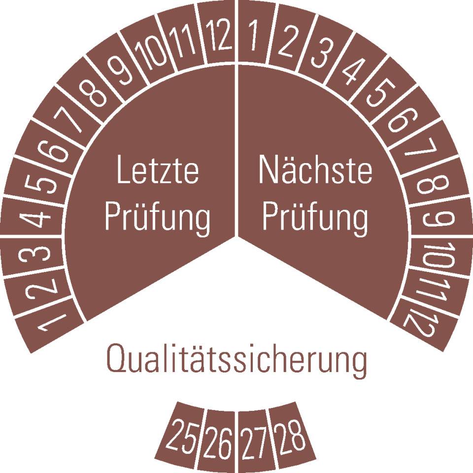 Prüfplakette Qualitätssicherung 25-28,braun,Dokumentenfolie,Ø30mm,18/Bogen