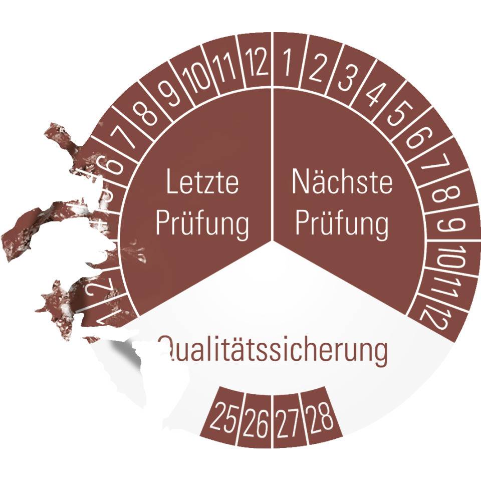 Prüfplakette Qualitätssicherung 25-28,braun,Dokumentenfolie,Ø30mm,18/Bogen