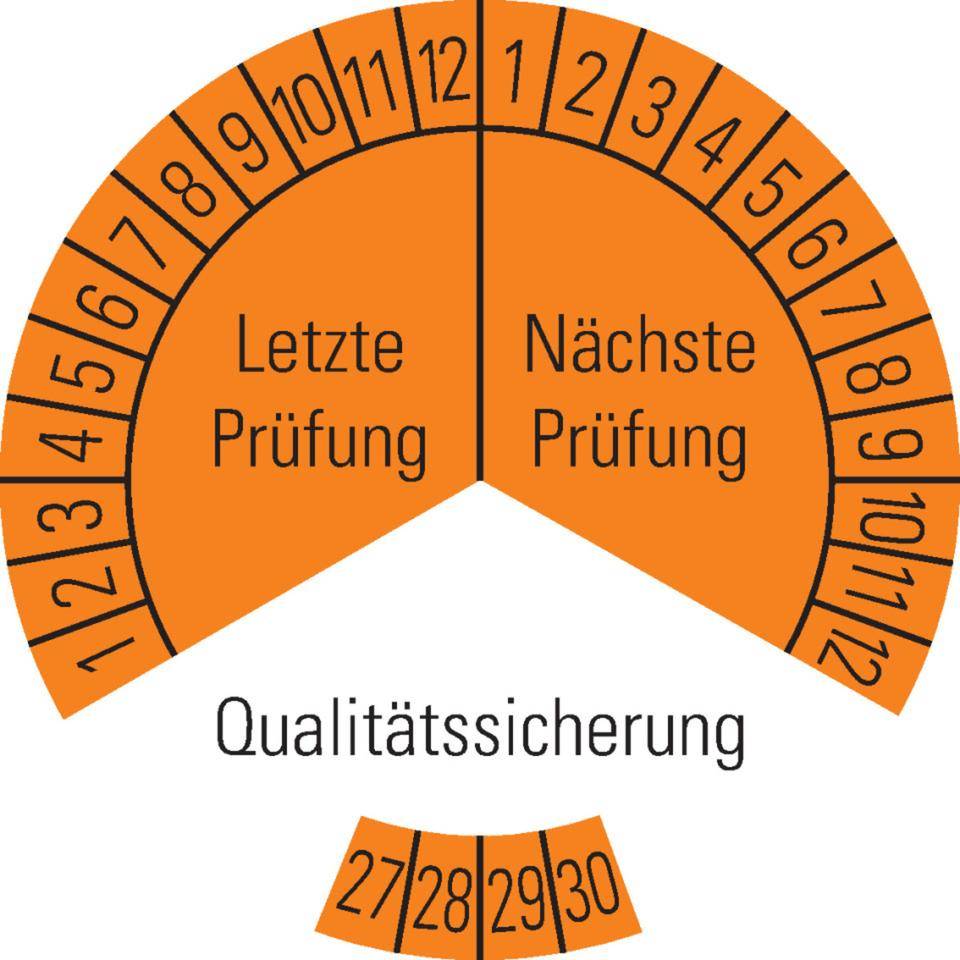 Prüfplakette Qualitätssicherung 27-30, orange, Dokumentenfolie, Ø30mm, 18/Bogen