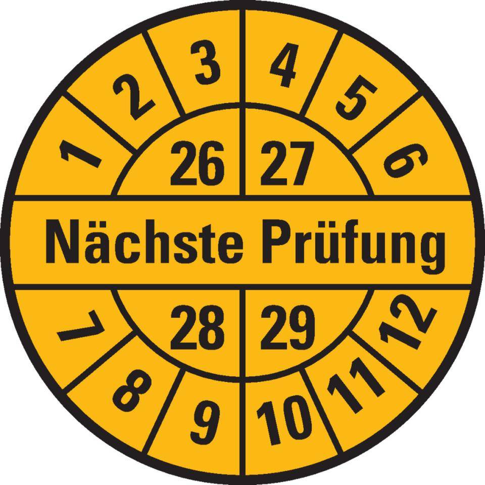 Prüfplakette Nächste Prüfung 26-29, gelb, Dokumentenfolie, Ø 30mm, 18/Bogen
