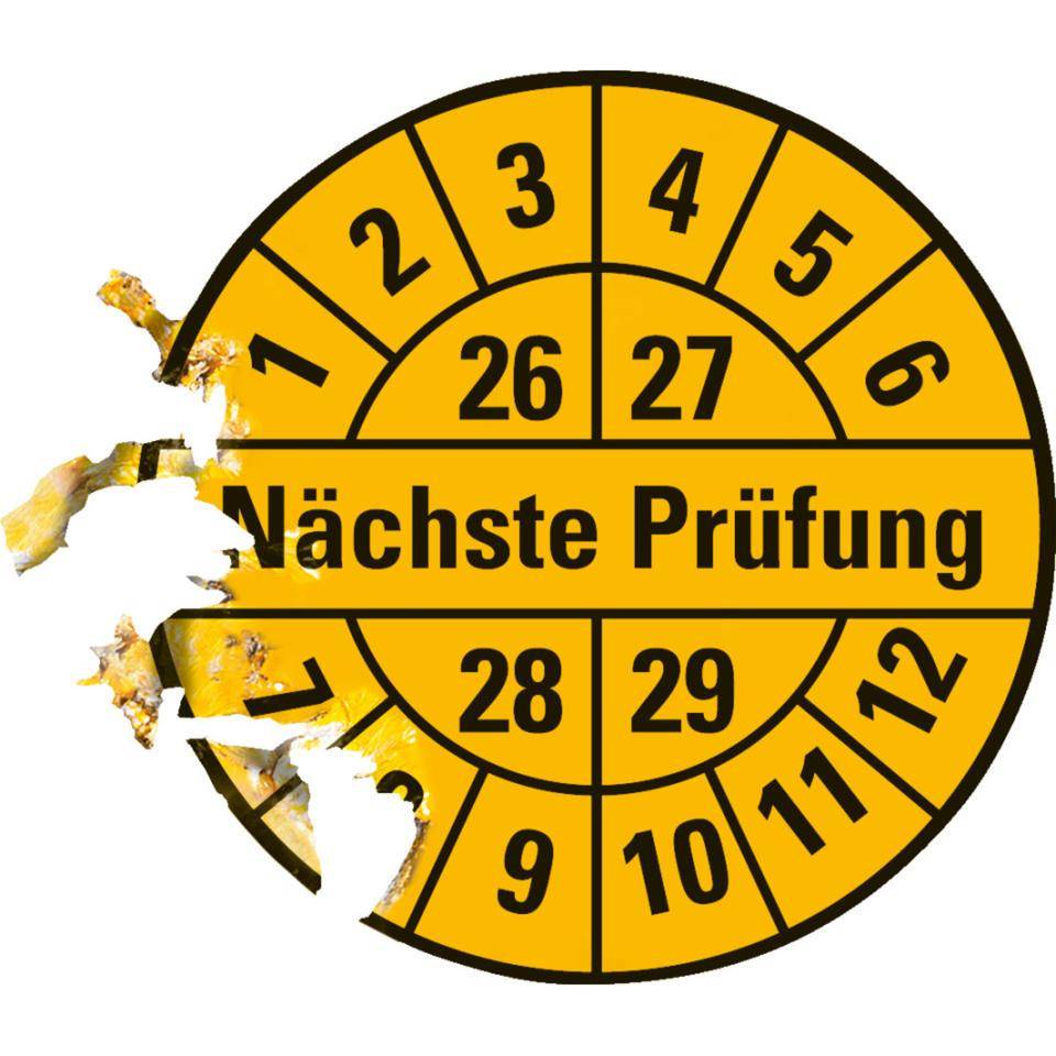 Prüfplakette Nächste Prüfung 26-29, gelb, Dokumentenfolie, Ø 30mm, 18/Bogen