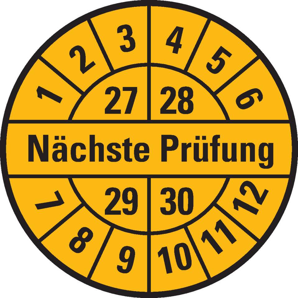 Prüfplakette Nächste Prüfung 27-30, gelb, Dokumentenfolie, Ø 30mm, 18/Bogen