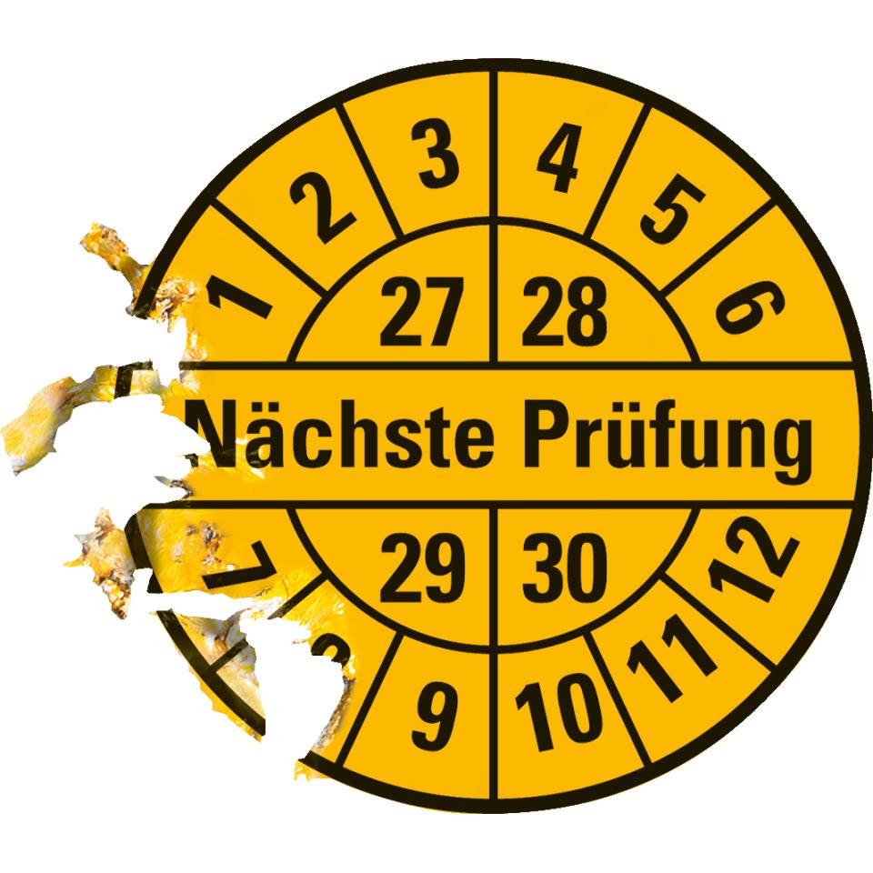 Prüfplakette Nächste Prüfung 27-30, gelb, Dokumentenfolie, Ø 30mm, 18/Bogen